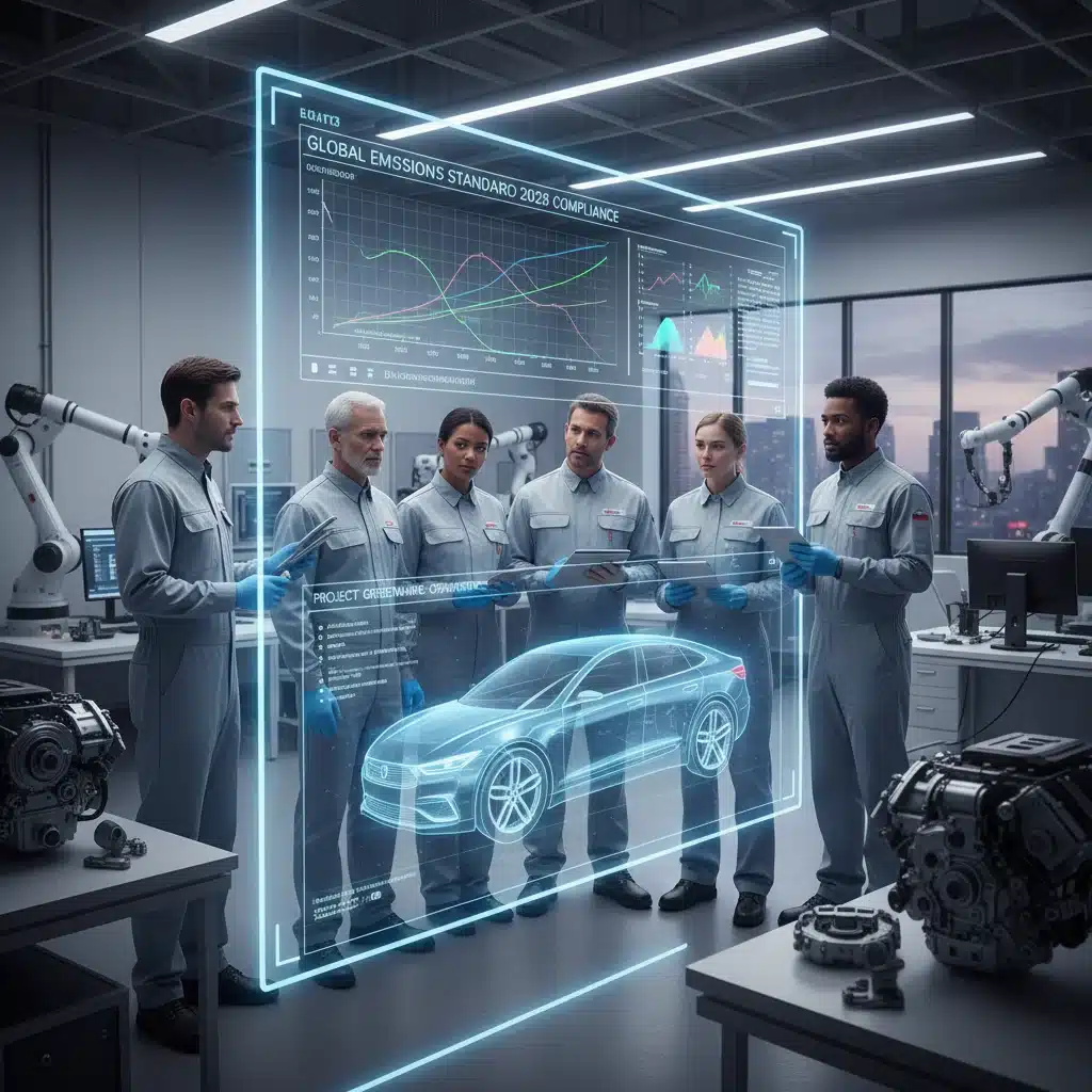 Engineers analyzing emission data in an automotive R&D lab.