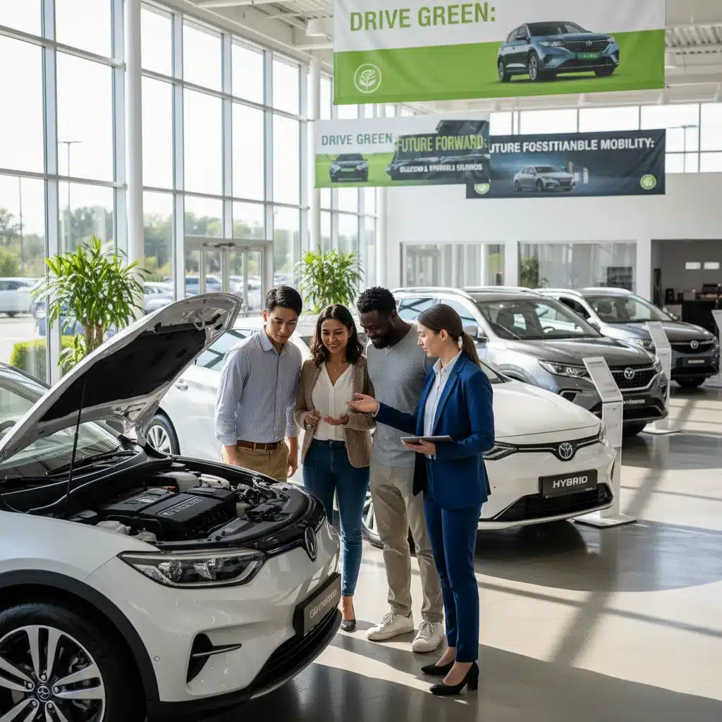 Consumers evaluating eco-friendly vehicles at a dealership.