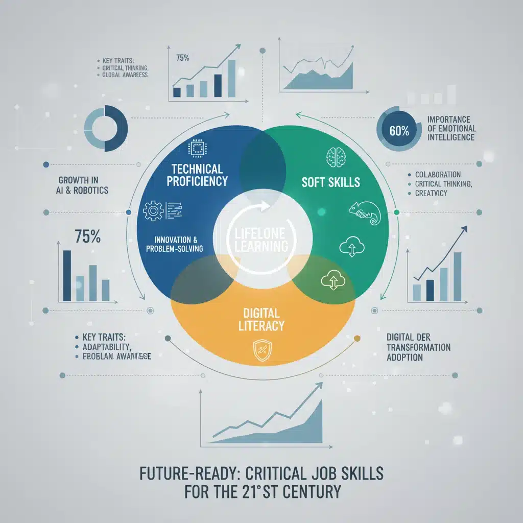 Infographic illustrating the intersection of technical, soft, and digital skills for future job success.