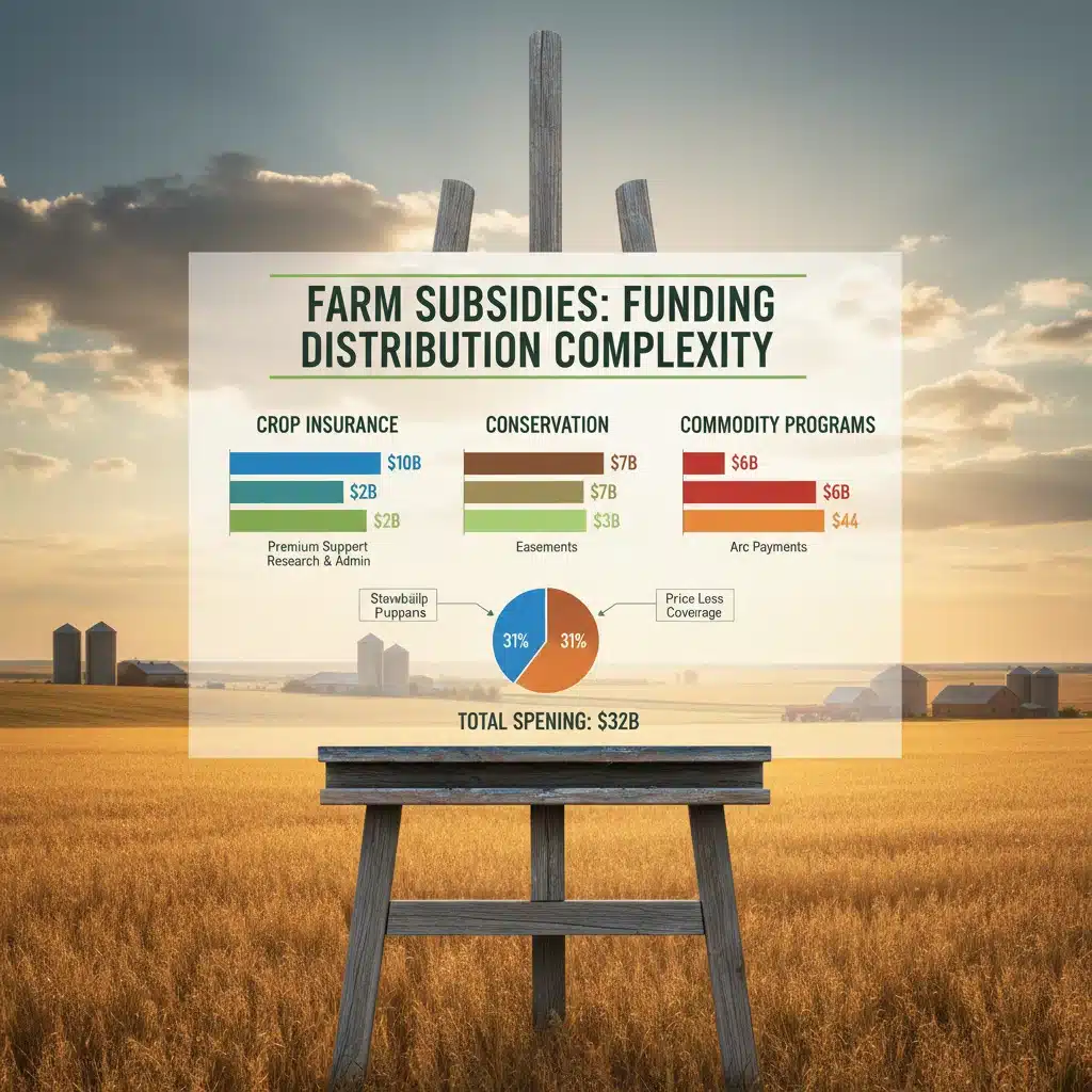 Infographic detailing various agricultural subsidy categories and their financial allocations.