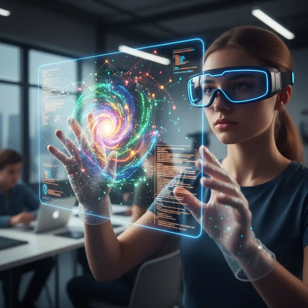 Student using holographic technology for data analysis in STEM
