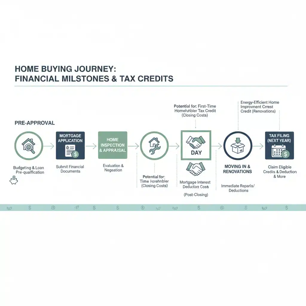 Home buying process timeline with financial milestones and tax credit application points.