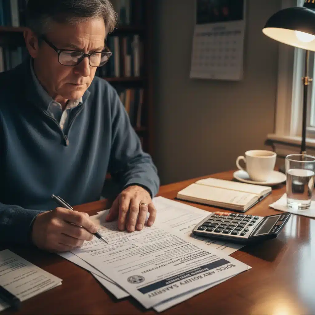 Person reviewing Social Security documents and calculator