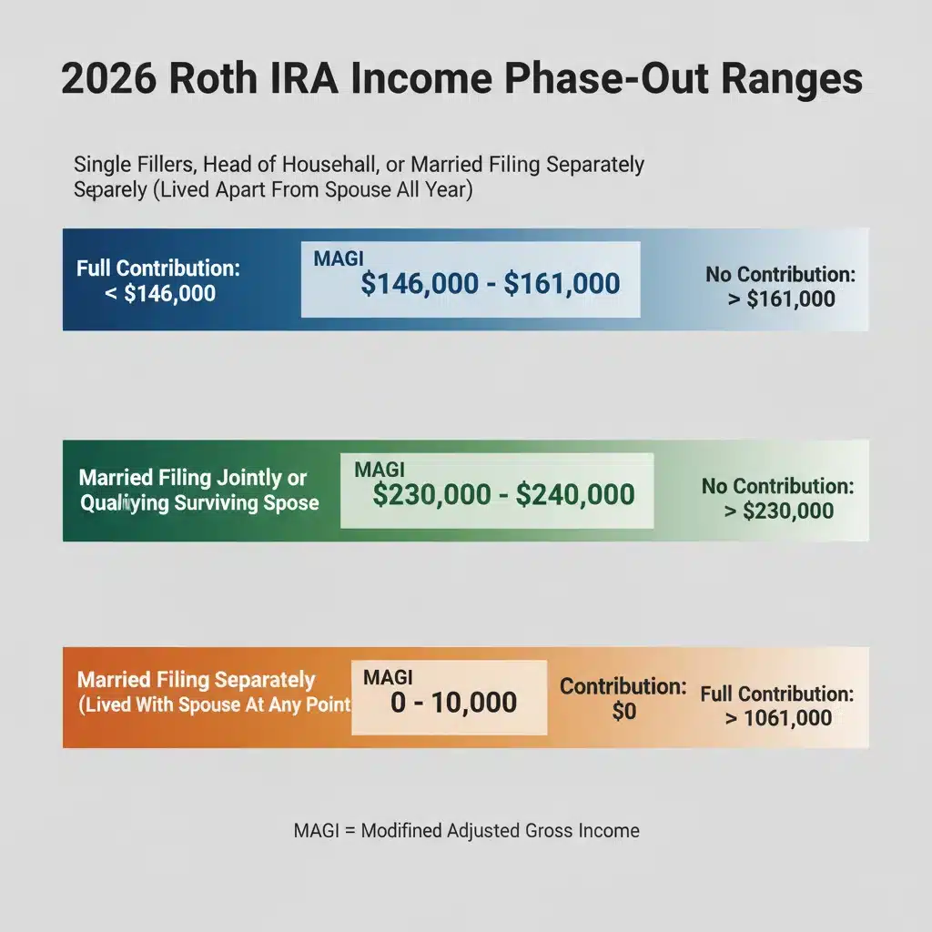 Roth IRA income phase-out ranges 2026 for single and married filers