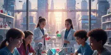 Students collaborating on a STEM project with futuristic city backdrop