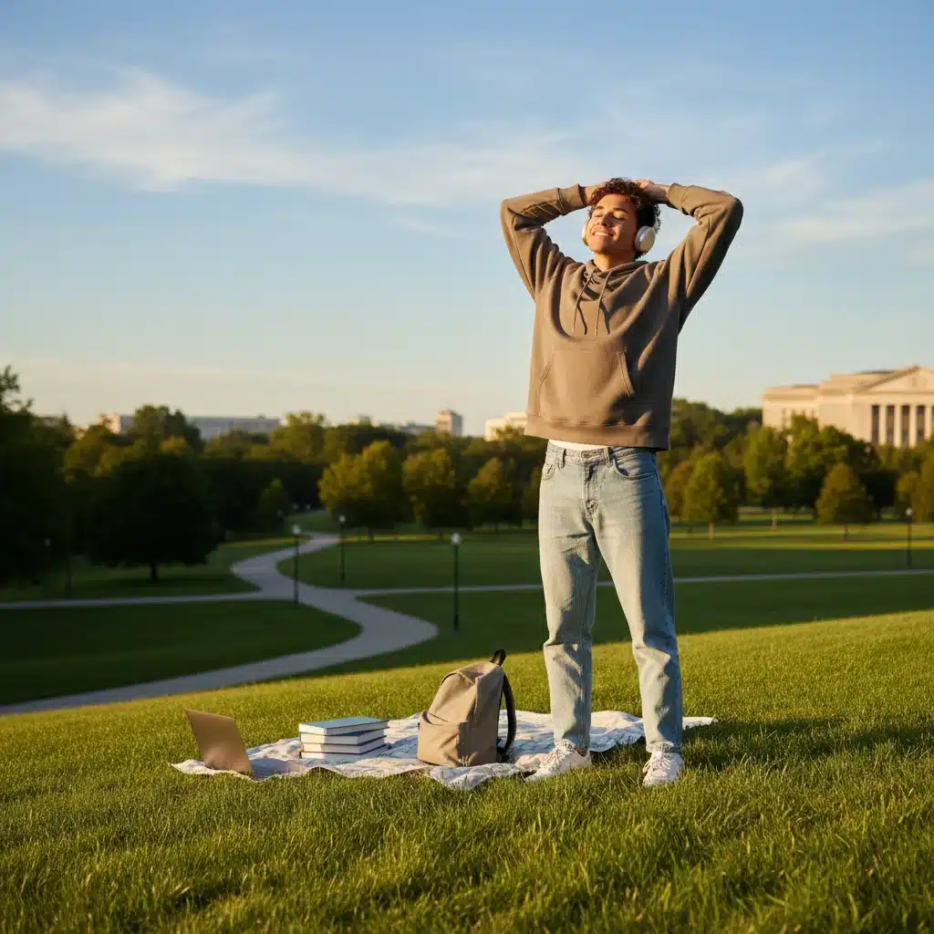 Student taking a mindful break from studying for mental well-being.