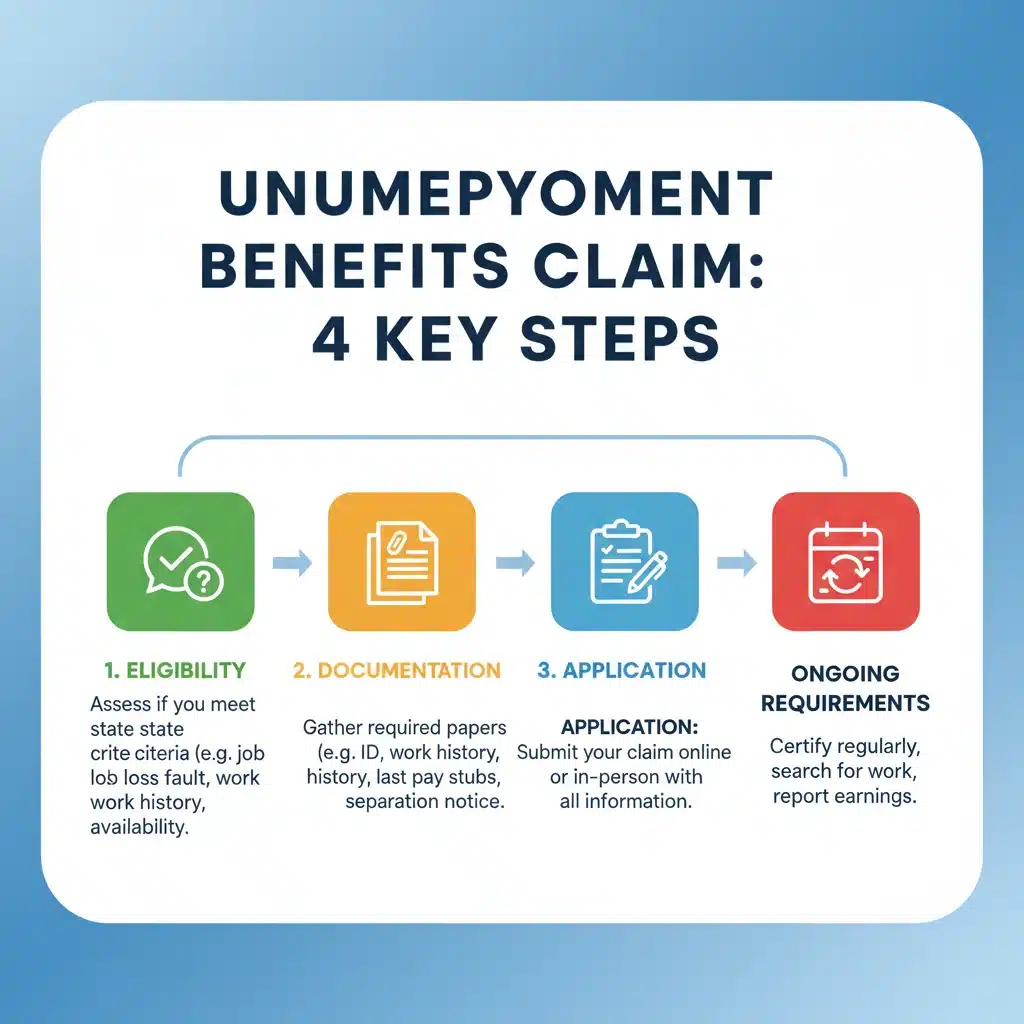 Infographic showing 4 key steps for claiming unemployment benefits.