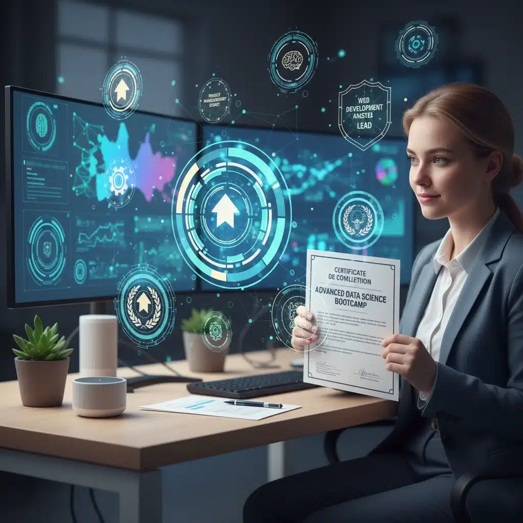 Person reviewing an online course certificate, symbolizing career advancement and skill development.