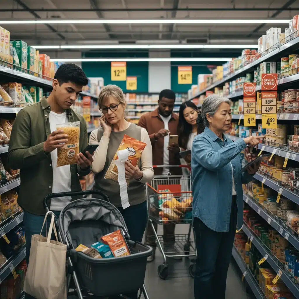 Consumers examining product prices in a supermarket, reflecting inflation's impact on purchasing power.