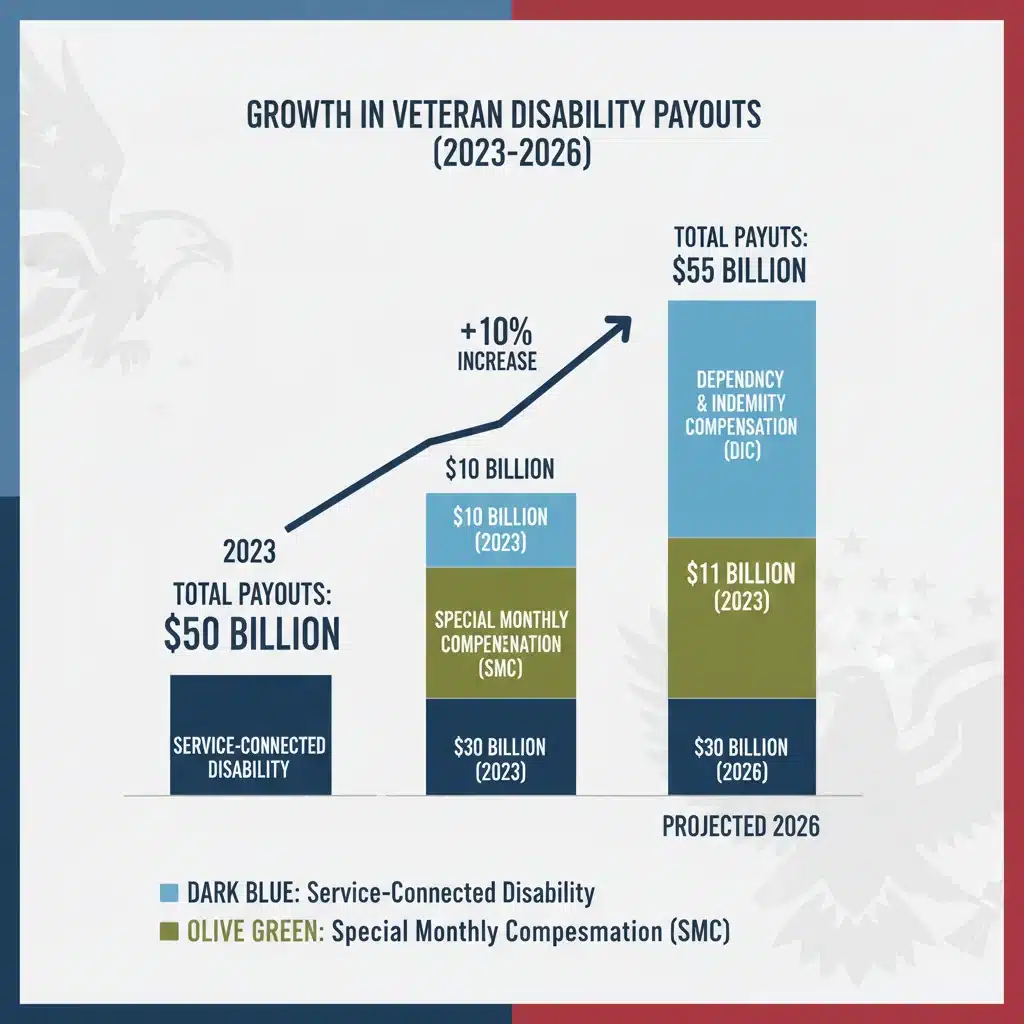 Infographic depicting a 10% increase in veteran disability payouts by 2026