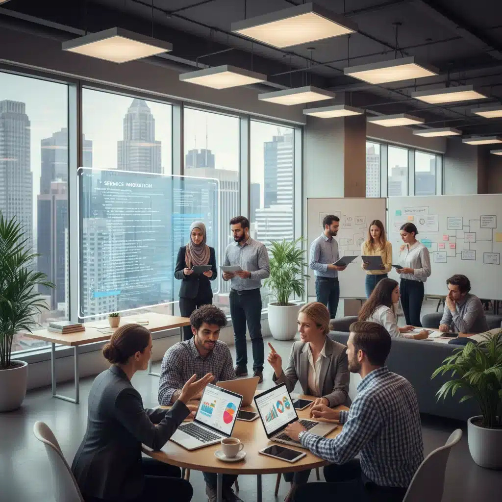 Professionals collaborating in a modern office, representing growth in service and tech sectors.