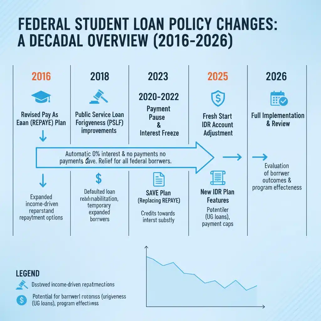 Infographic visualizing federal student loan policy changes timeline to 2026