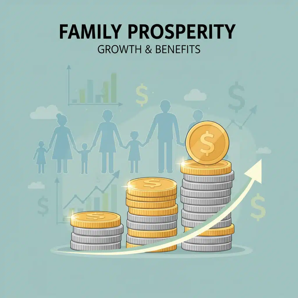 Graphic showing an upward arrow of coins, representing increased Child Tax Credit benefits and family financial growth.