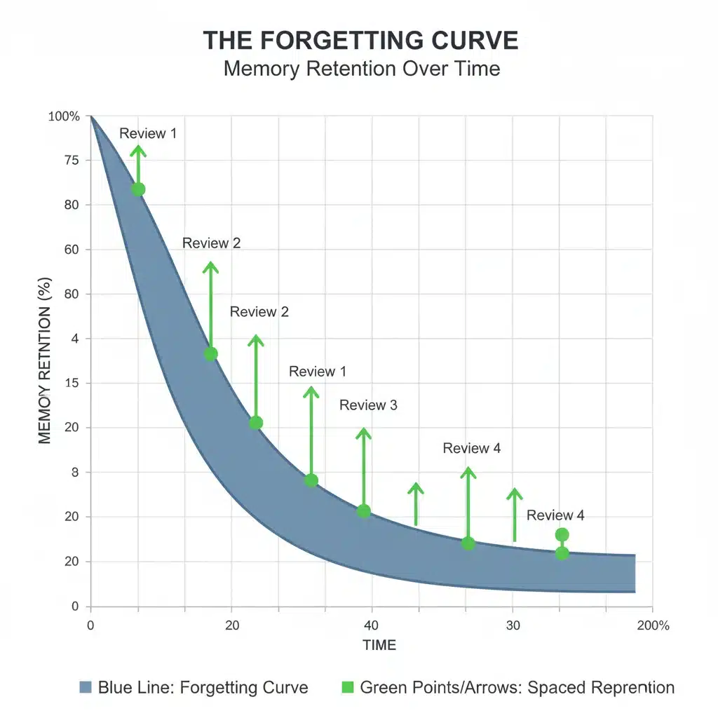 Graph illustrating the forgetting curve and the benefits of spaced repetition