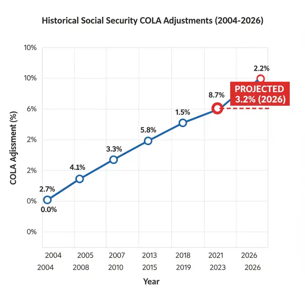 Historical Social Security COLA adjustments graph with 2026 projection