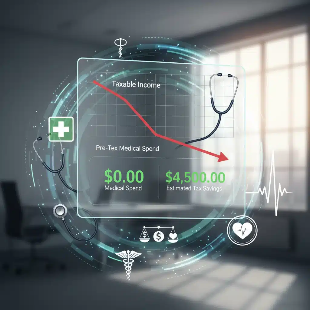Graphic illustrating tax savings and medical benefits of an HSA.