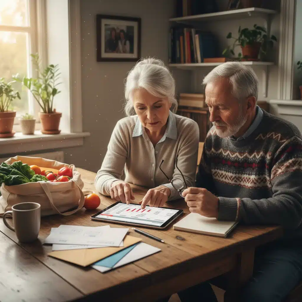 Retiree couple budgeting with tablet, considering rising expenses