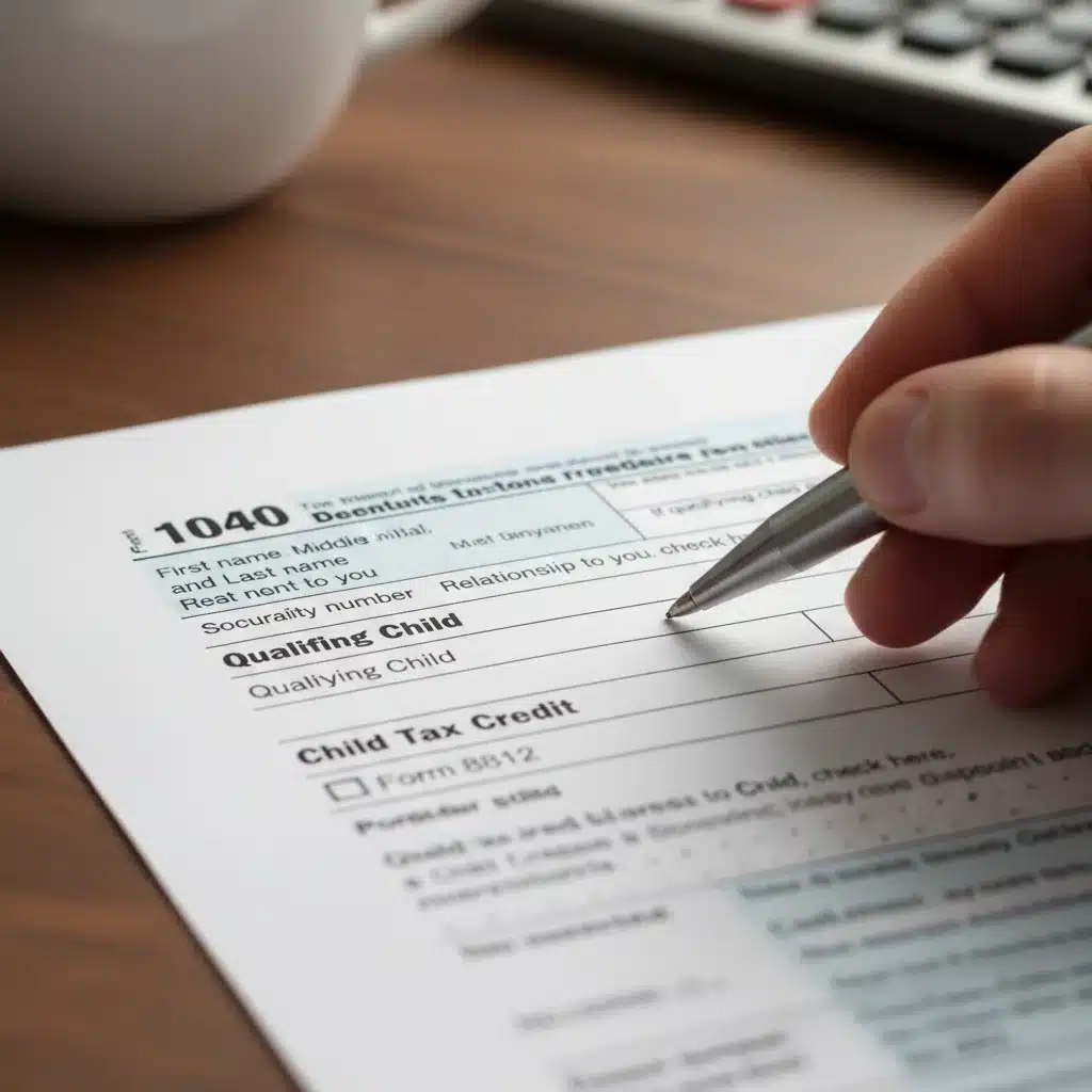 Close-up of a tax form showing Child Tax Credit sections and a pen, emphasizing the application process.