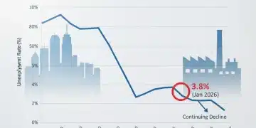 Graph showing US unemployment rate decline to 3.8% in January 2026, with economic sector illustrations.