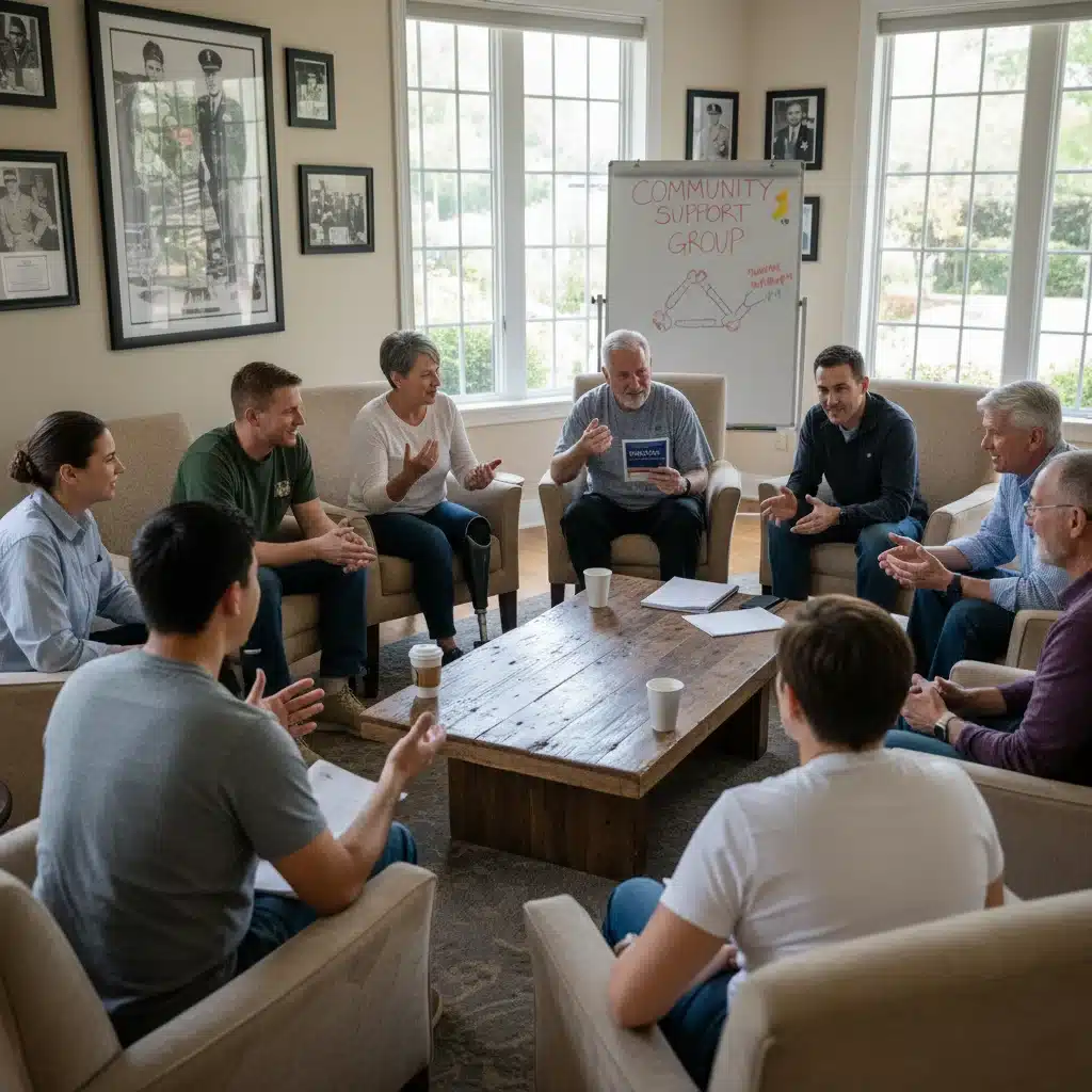Veterans discussing their experiences and accessing support at a community center