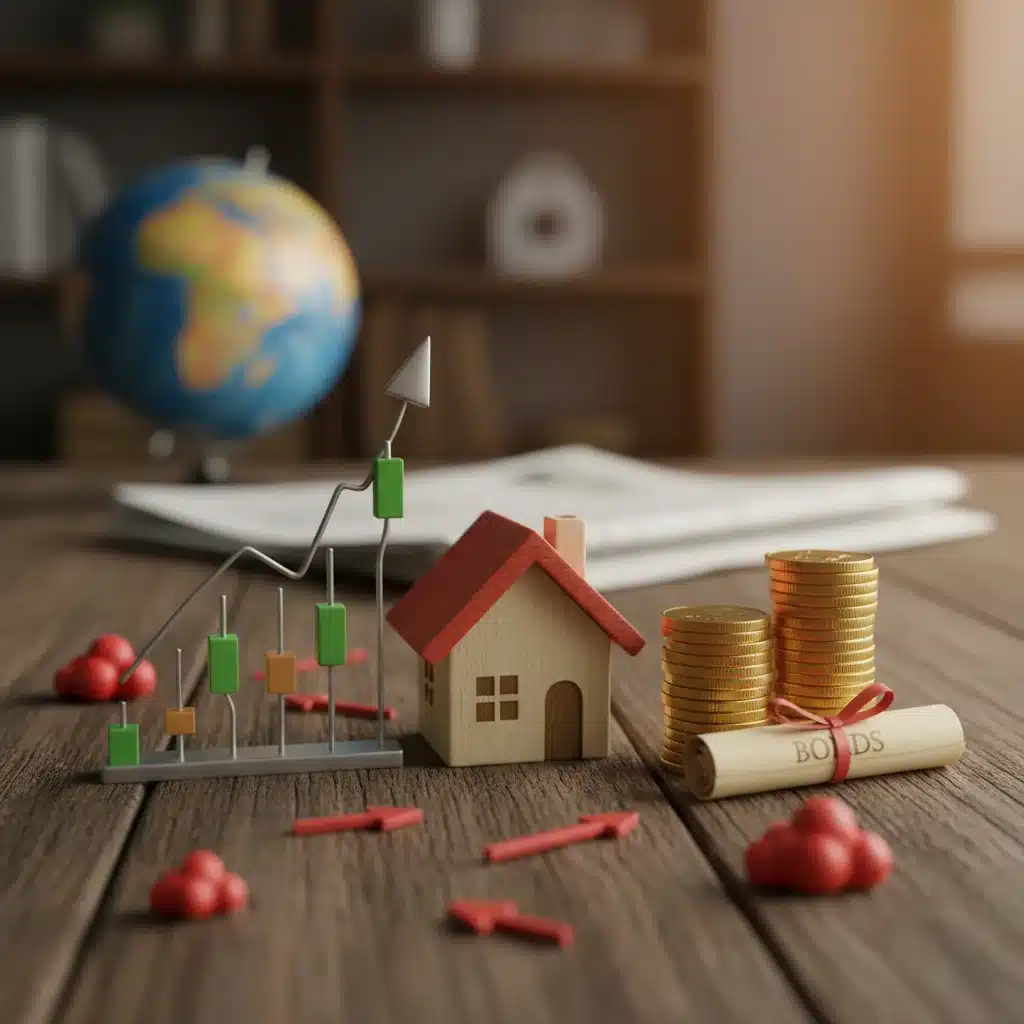 Diversified investment portfolio with stocks, real estate, gold, and bonds