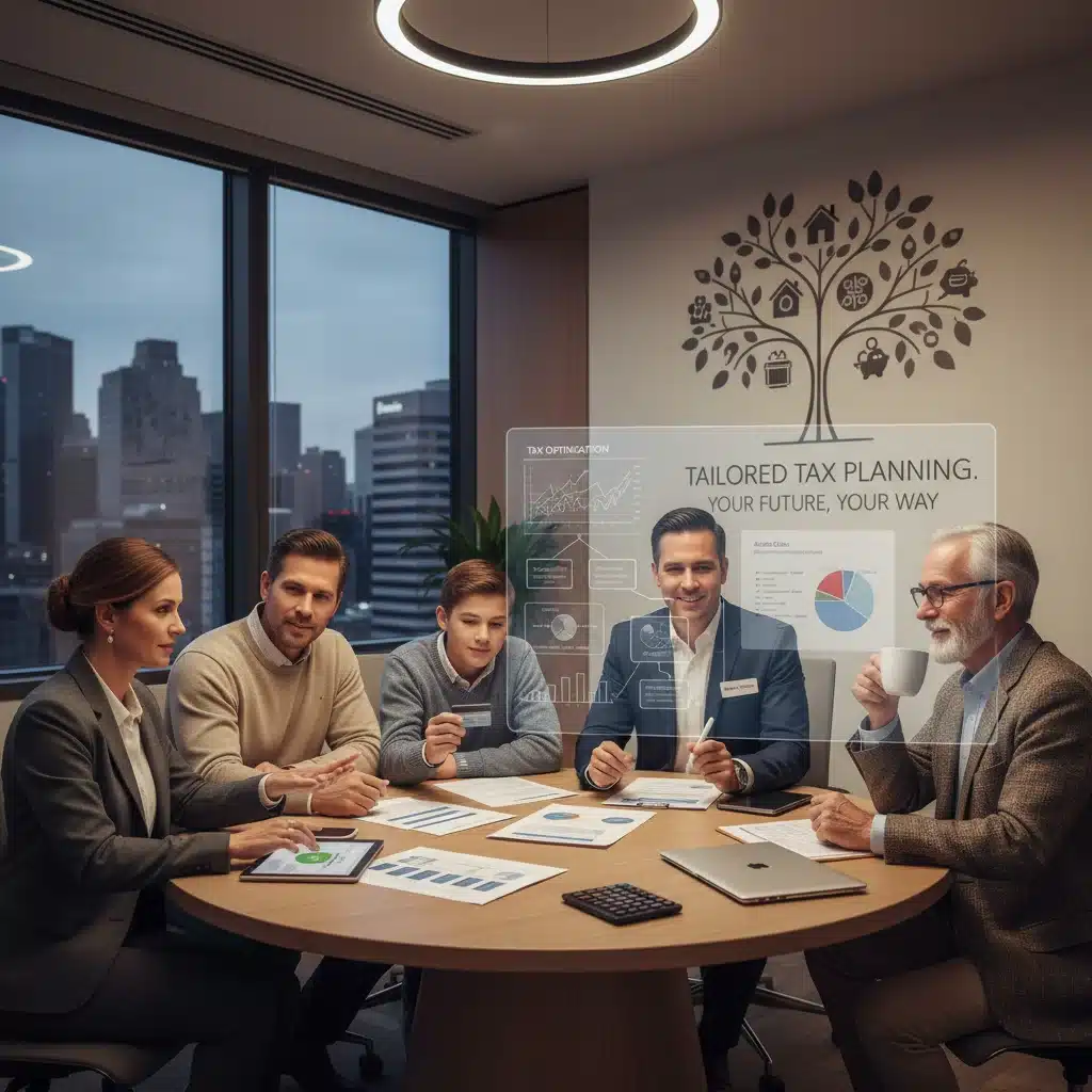 Diverse group consulting financial advisor about tax strategies and credit opportunities.