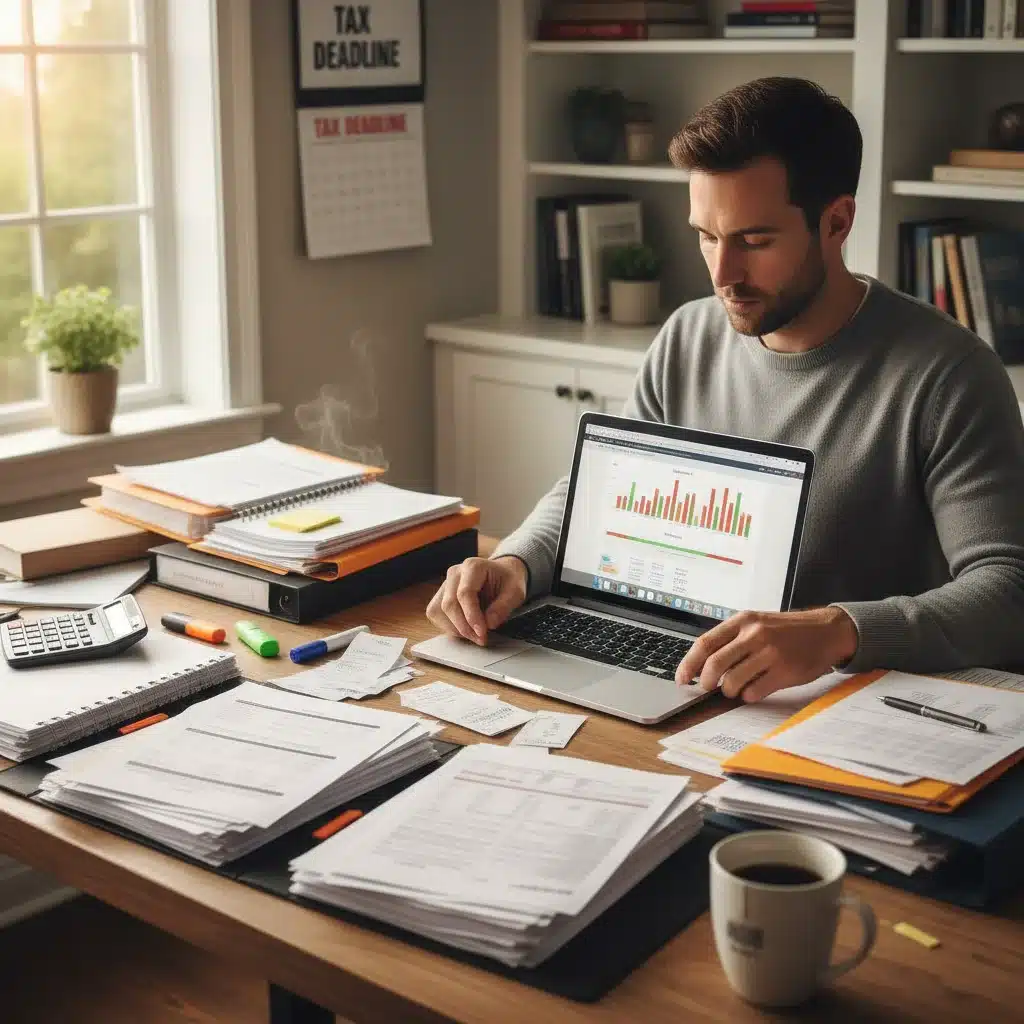 Person organizing financial documents for tax preparation, focusing on deduction optimization.