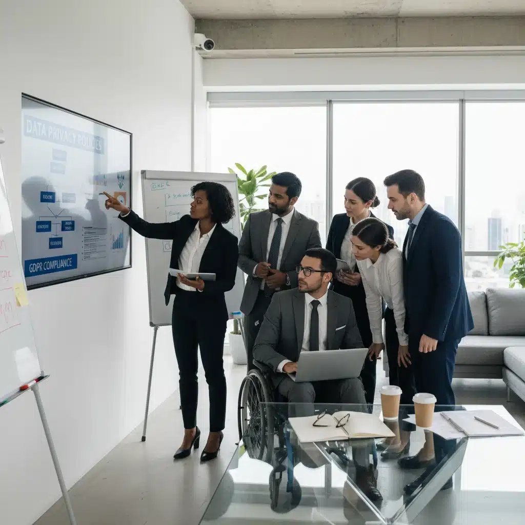 Business team collaborating on data privacy strategy and compliance